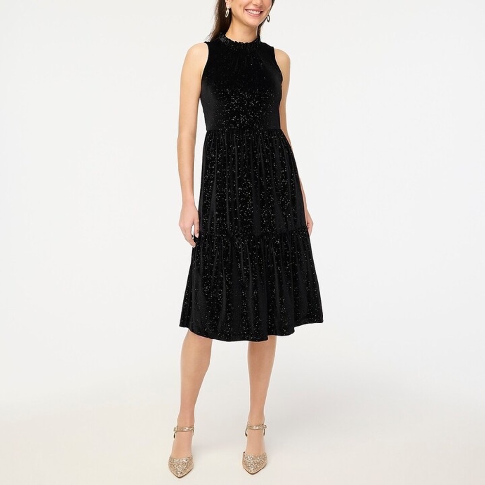 NWT J. Crew Factory Shimmer Velvet Sleeveless Midi Dress in Black size 10 Tiered